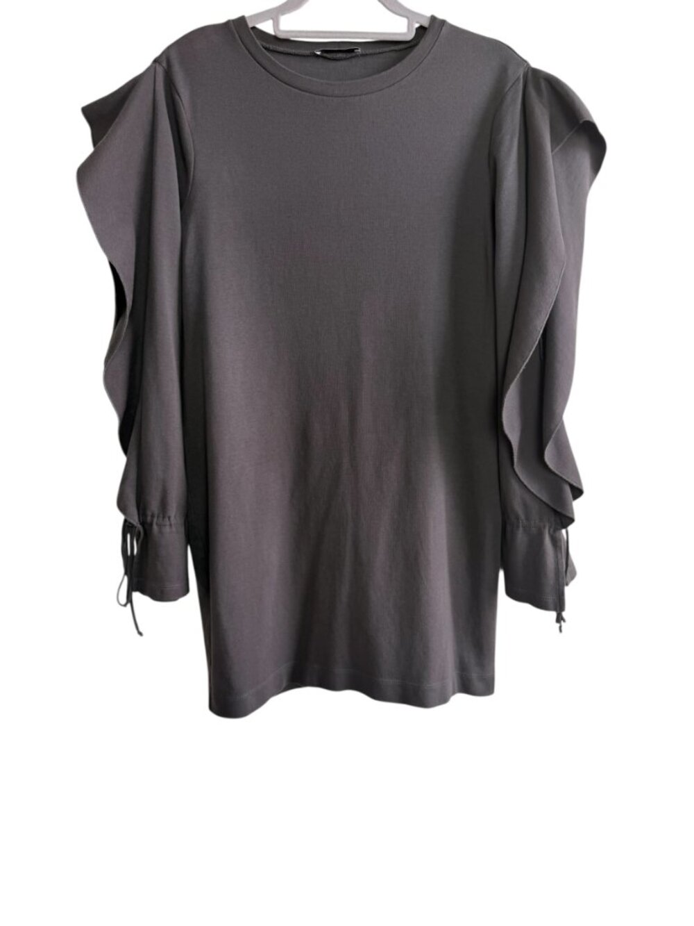 Zara Charcoal Gray Flared Ruffle Drawstring Sleeve Pullover Tunic Top Blouse M